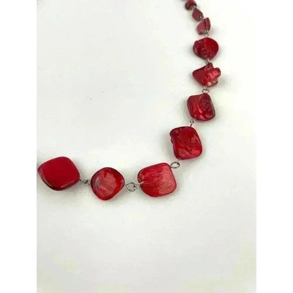 Red Natural Shell Chunky Beaded Necklace 20" Jewelry Silver Metal Tone - Picture 8 of 12